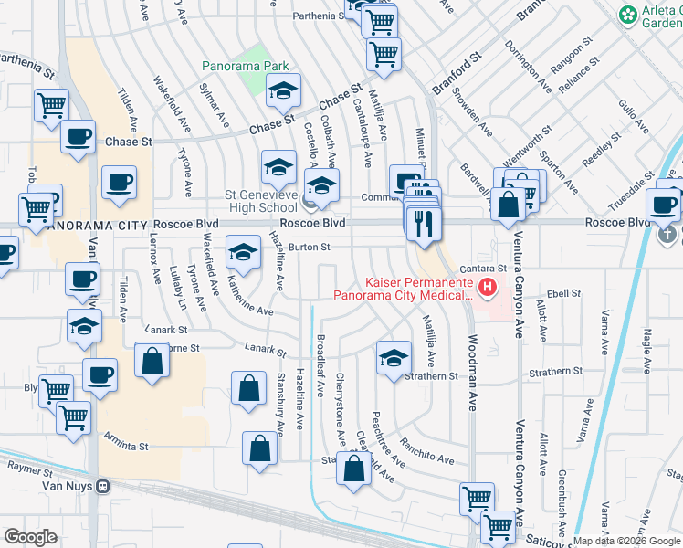 map of restaurants, bars, coffee shops, grocery stores, and more near 8140 Redbush Lane in Los Angeles