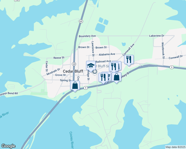 map of restaurants, bars, coffee shops, grocery stores, and more near 3655 Old Highway 9 in Cedar Bluff
