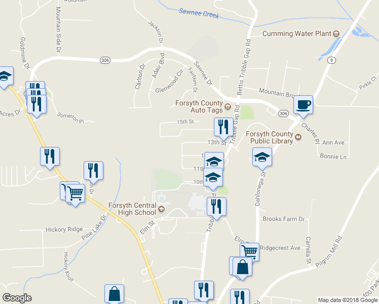 map of restaurants, bars, coffee shops, grocery stores, and more near 119 12th Street in Cumming