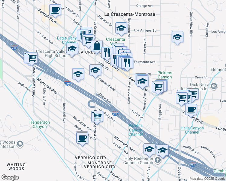map of restaurants, bars, coffee shops, grocery stores, and more near 2654 Prospect Avenue in La Crescenta-Montrose