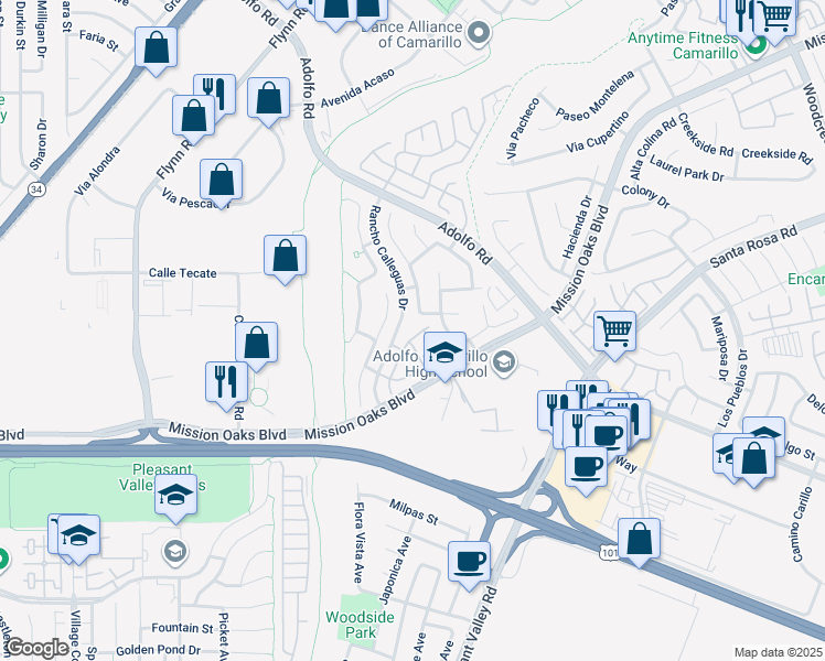 map of restaurants, bars, coffee shops, grocery stores, and more near 353 Via Cantilena in Camarillo