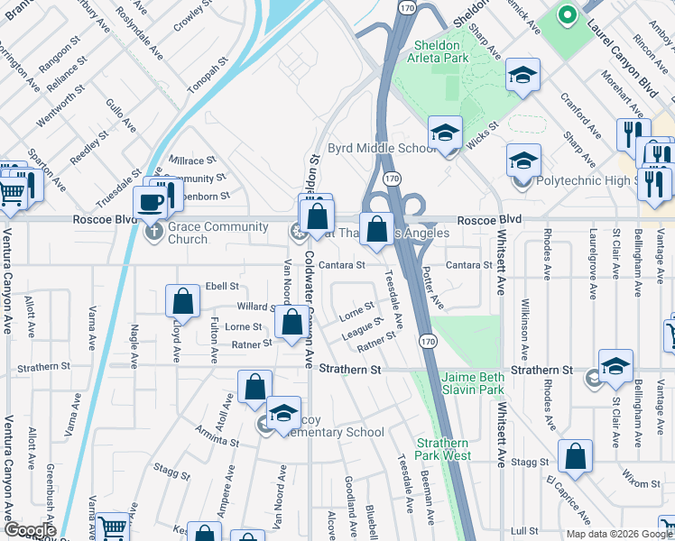 map of restaurants, bars, coffee shops, grocery stores, and more near 12832 Cantara Street in Los Angeles