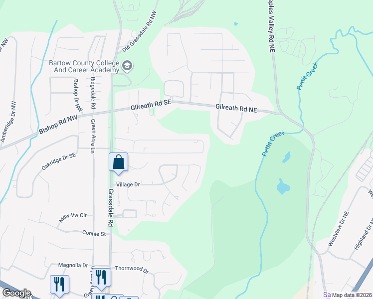map of restaurants, bars, coffee shops, grocery stores, and more near 127 Evergreen Trail Southeast in Cartersville