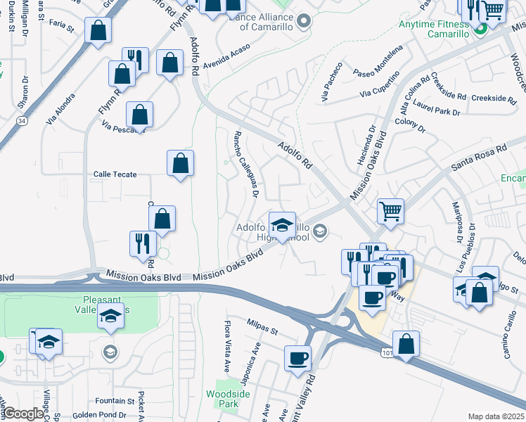 map of restaurants, bars, coffee shops, grocery stores, and more near 353 Via Cantilena in Camarillo