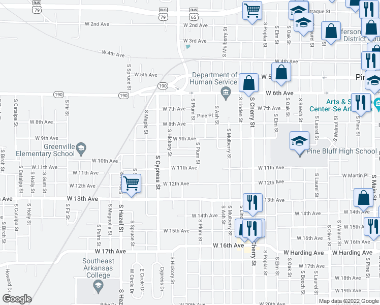 map of restaurants, bars, coffee shops, grocery stores, and more near 1607 Vaughn Street in Pine Bluff