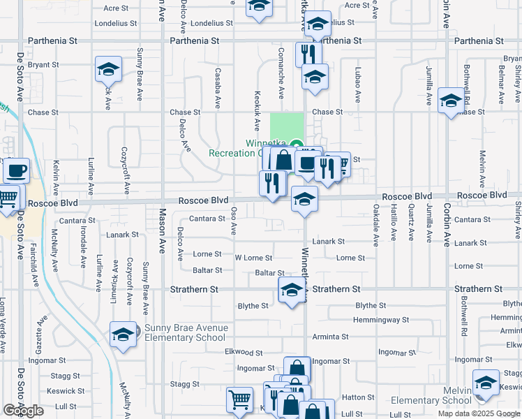 map of restaurants, bars, coffee shops, grocery stores, and more near 20216 Roscoe Boulevard in Los Angeles