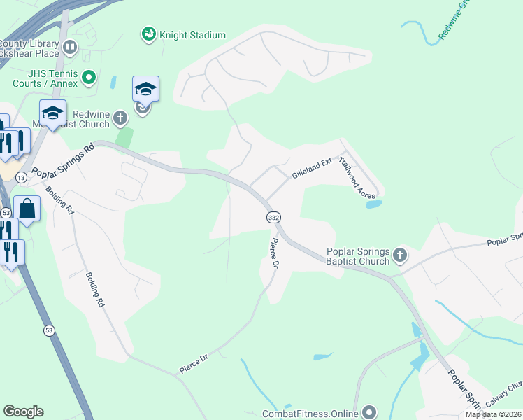 map of restaurants, bars, coffee shops, grocery stores, and more near 3442 Poplar Springs Road in Gainesville