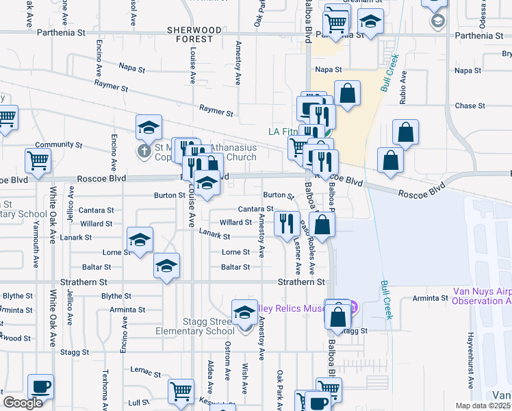 map of restaurants, bars, coffee shops, grocery stores, and more near 17107 Cantara Street in Los Angeles