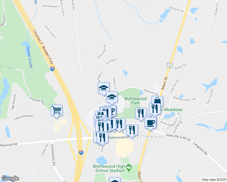 map of restaurants, bars, coffee shops, grocery stores, and more near 301 Oakhurst Place in Blythewood