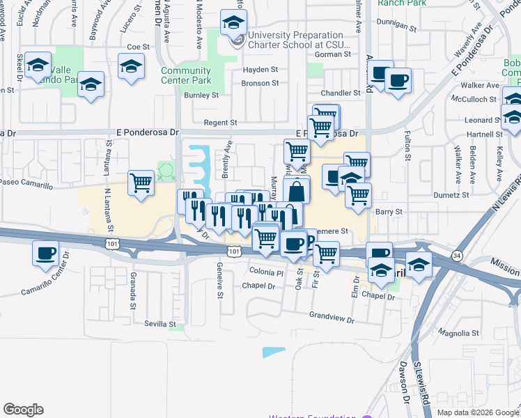 map of restaurants, bars, coffee shops, grocery stores, and more near 1787 Monte Vista Drive in Camarillo