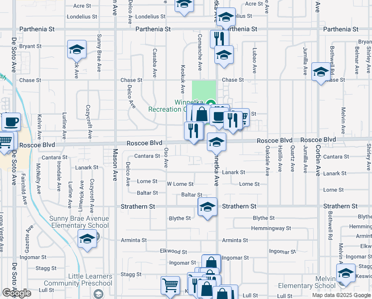 map of restaurants, bars, coffee shops, grocery stores, and more near 20216 Roscoe Boulevard in Los Angeles