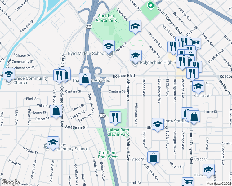 map of restaurants, bars, coffee shops, grocery stores, and more near 12544 Cantara Street in Los Angeles
