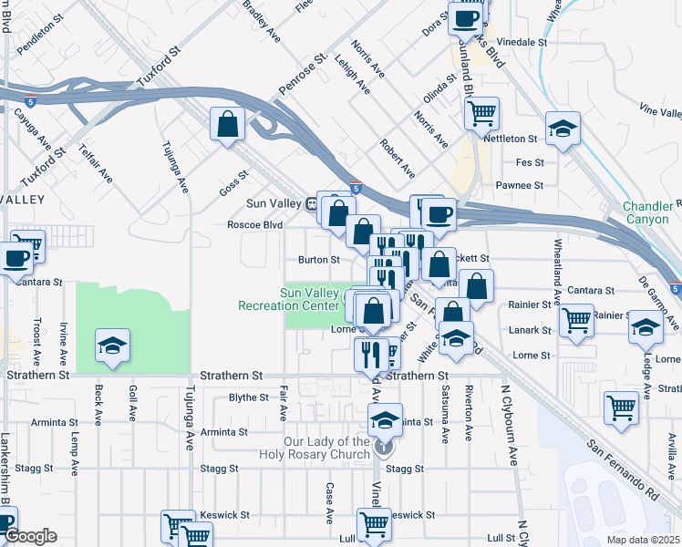 map of restaurants, bars, coffee shops, grocery stores, and more near 11047 Cantara Street in Los Angeles