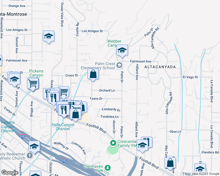 map of restaurants, bars, coffee shops, grocery stores, and more near 1949 Orchard Lane in La Cañada Flintridge