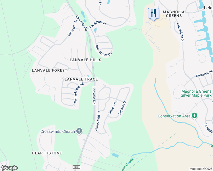 map of restaurants, bars, coffee shops, grocery stores, and more near 125 Woodford Road Northeast in Leland