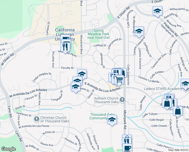 map of restaurants, bars, coffee shops, grocery stores, and more near 64 Dovetail Court in Thousand Oaks