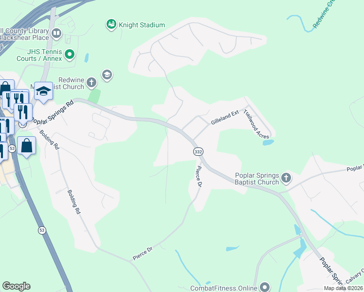 map of restaurants, bars, coffee shops, grocery stores, and more near 3442 Poplar Springs Road in Gainesville