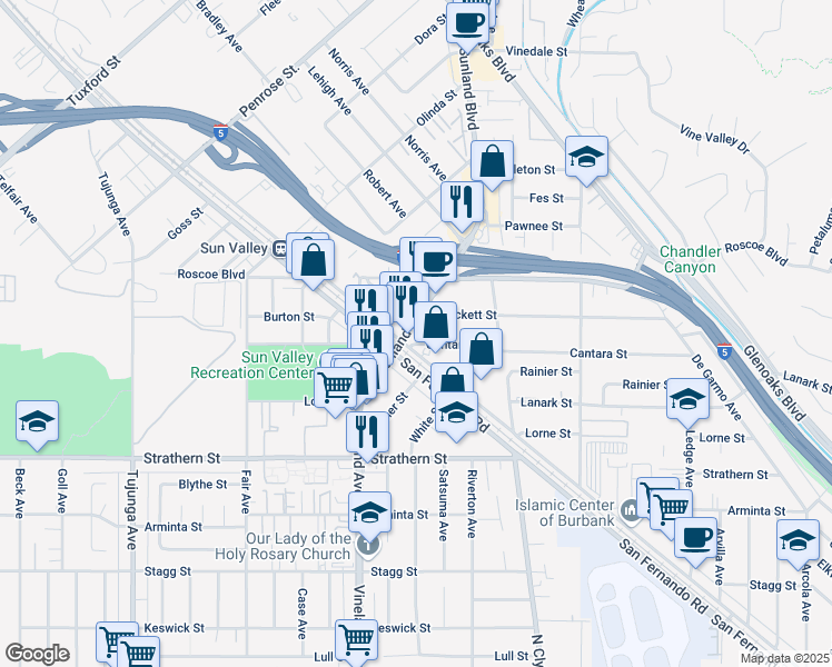 map of restaurants, bars, coffee shops, grocery stores, and more near 10889 Cantara Street in Los Angeles
