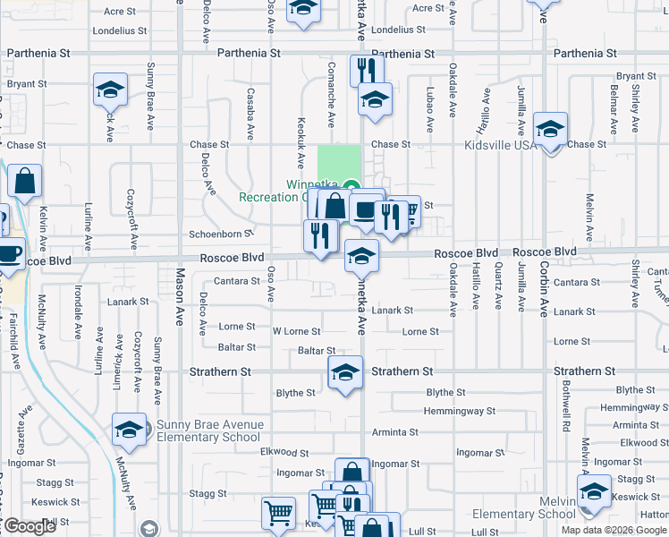 map of restaurants, bars, coffee shops, grocery stores, and more near 20138 Roscoe Boulevard in Los Angeles