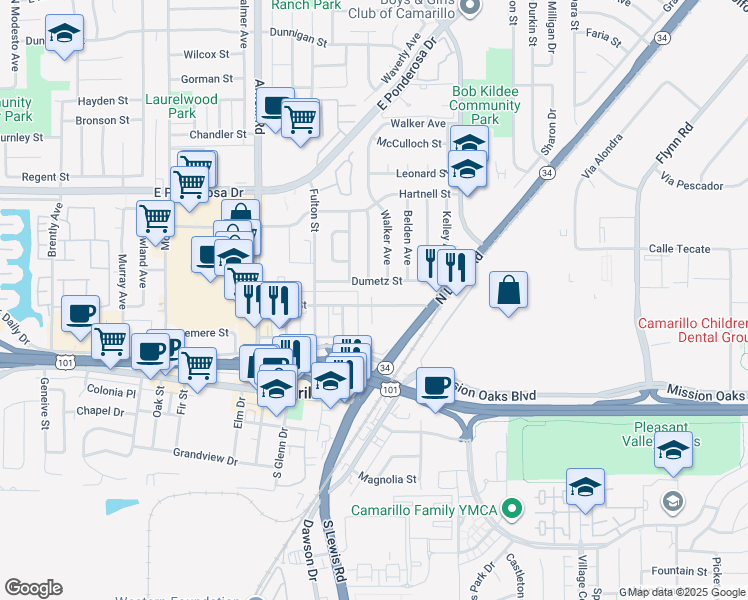 map of restaurants, bars, coffee shops, grocery stores, and more near 2710 Barry Street in Camarillo