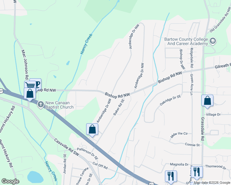 map of restaurants, bars, coffee shops, grocery stores, and more near 178 Bishop Road Northwest in Cartersville