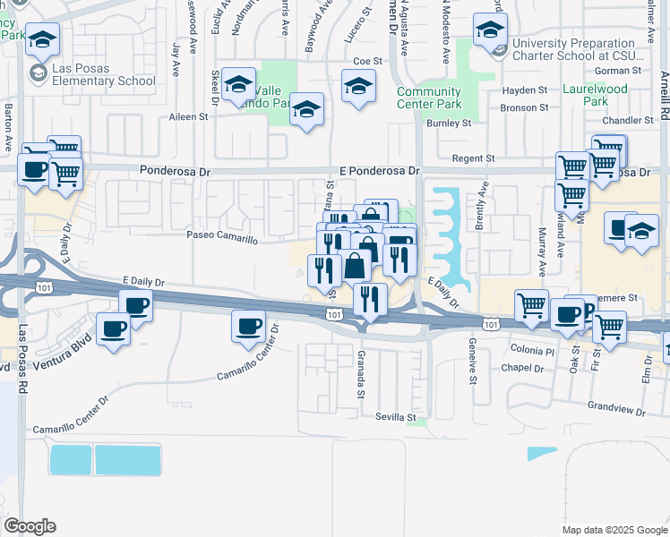 map of restaurants, bars, coffee shops, grocery stores, and more near 355 North Lantana Street in Camarillo