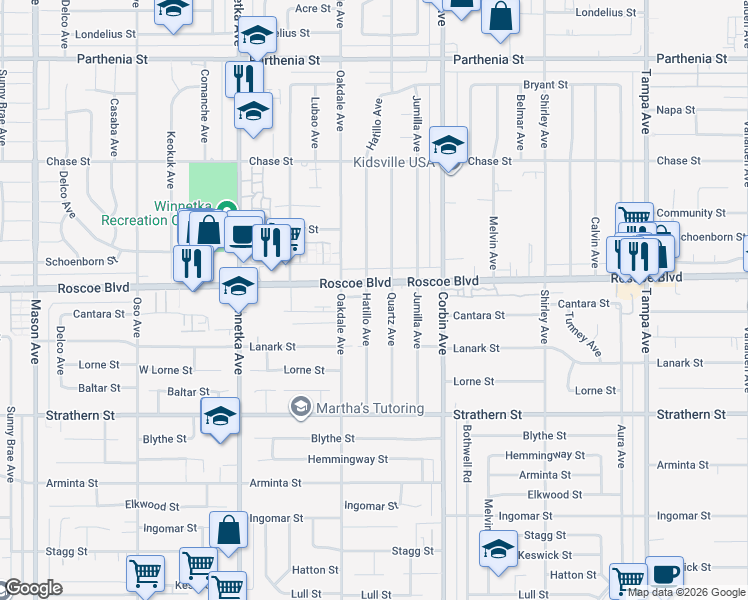 map of restaurants, bars, coffee shops, grocery stores, and more near 8254 Quartz Avenue in Los Angeles