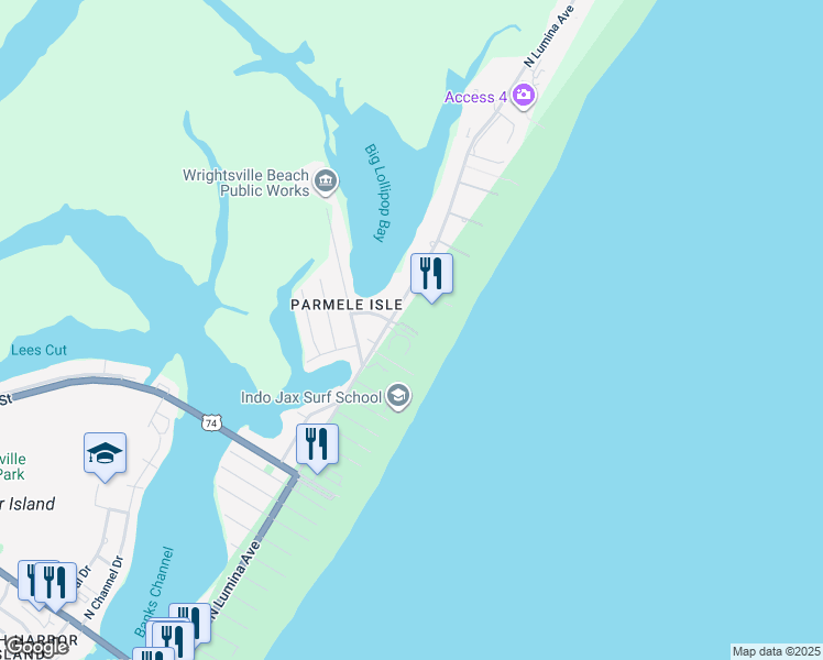 map of restaurants, bars, coffee shops, grocery stores, and more near 1704 North Lumina Avenue in Wrightsville Beach