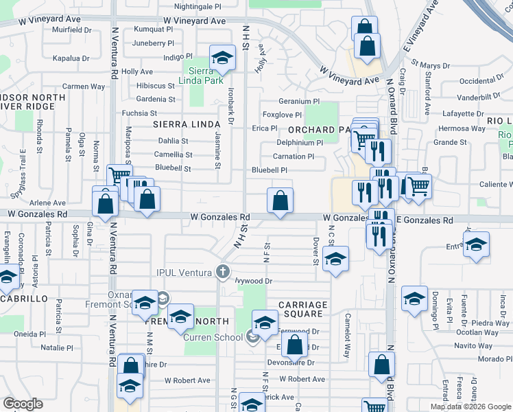 map of restaurants, bars, coffee shops, grocery stores, and more near in Oxnard