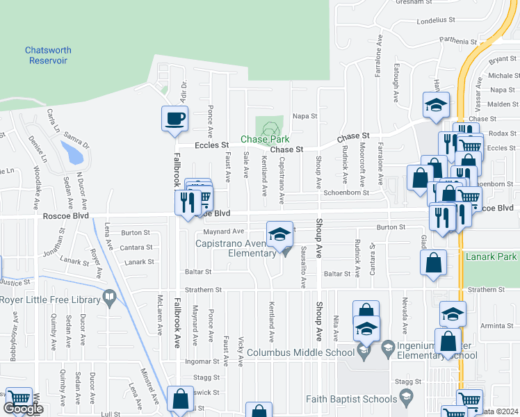 map of restaurants, bars, coffee shops, grocery stores, and more near 8307 Kentland Avenue in Los Angeles