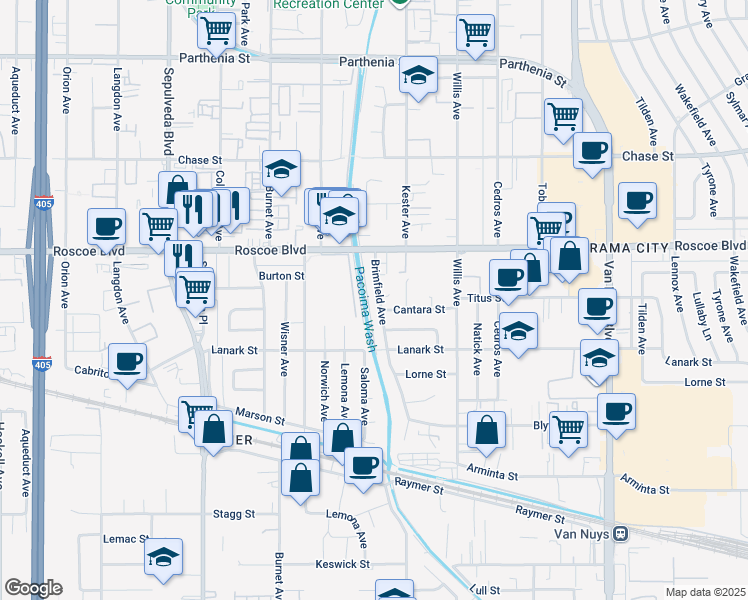map of restaurants, bars, coffee shops, grocery stores, and more near 8163 Brimfield Ave in Los Angeles