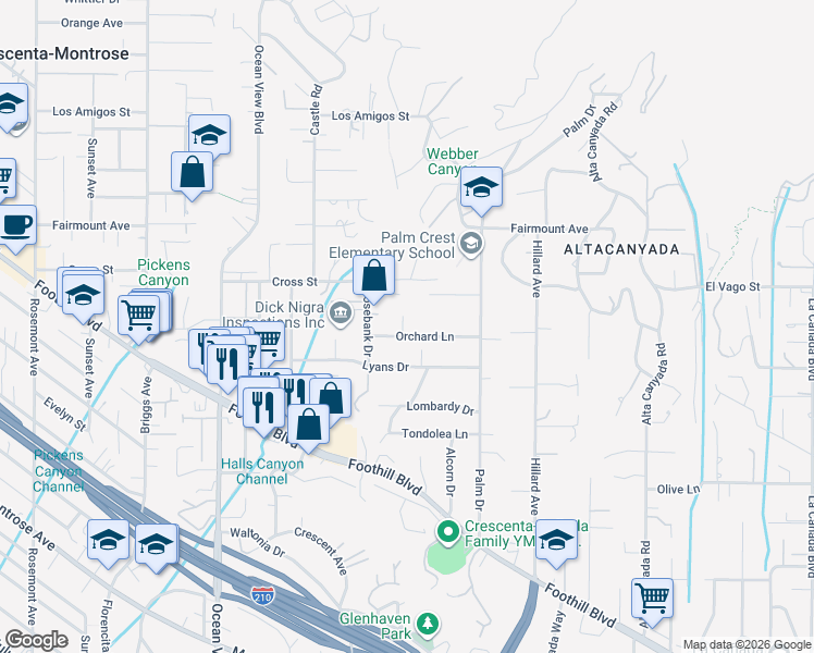 map of restaurants, bars, coffee shops, grocery stores, and more near 2033 Orchard Lane in La Cañada Flintridge