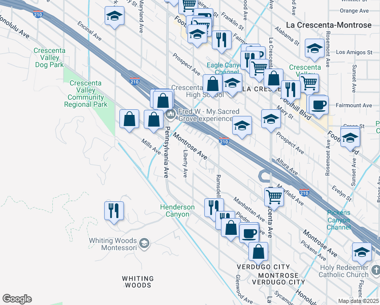 map of restaurants, bars, coffee shops, grocery stores, and more near 3100 Montrose Avenue in Glendale