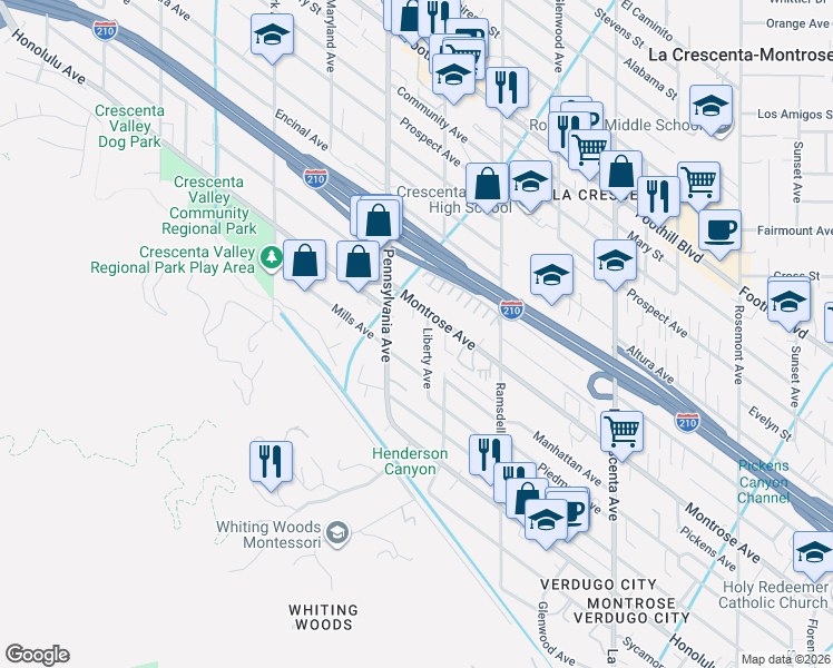 map of restaurants, bars, coffee shops, grocery stores, and more near 3147 Mills Avenue in Glendale