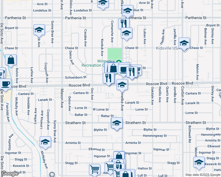 map of restaurants, bars, coffee shops, grocery stores, and more near 20216 Roscoe Boulevard in Los Angeles