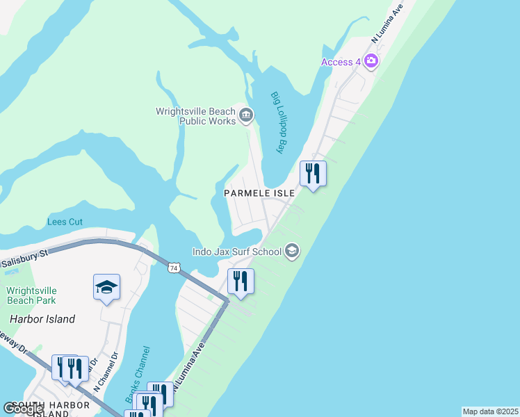 map of restaurants, bars, coffee shops, grocery stores, and more near 103 Parmele Boulevard in Wrightsville Beach