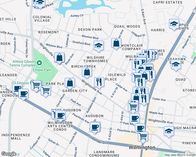 map of restaurants, bars, coffee shops, grocery stores, and more near 1018 Page Avenue in Wilmington