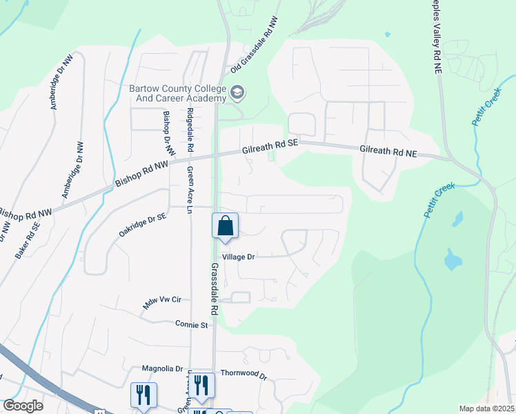 map of restaurants, bars, coffee shops, grocery stores, and more near 107 Evergreen Trail Southeast in Cartersville