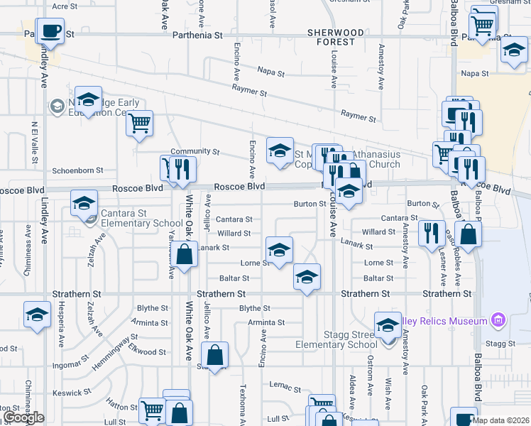 map of restaurants, bars, coffee shops, grocery stores, and more near 8218 Encino Avenue in Los Angeles