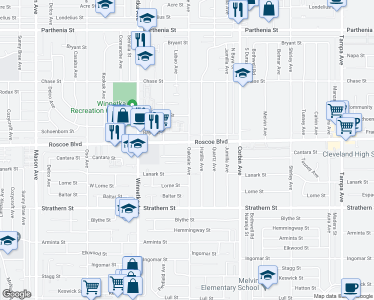 map of restaurants, bars, coffee shops, grocery stores, and more near 19908 Roscoe Boulevard in Los Angeles