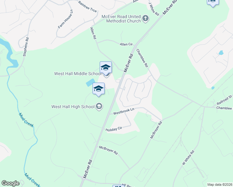 map of restaurants, bars, coffee shops, grocery stores, and more near 5500 McEver Road in Oakwood