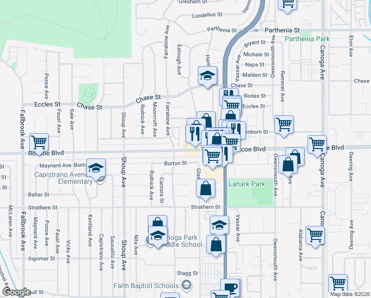 map of restaurants, bars, coffee shops, grocery stores, and more near 8315 North Peyton Way in Los Angeles