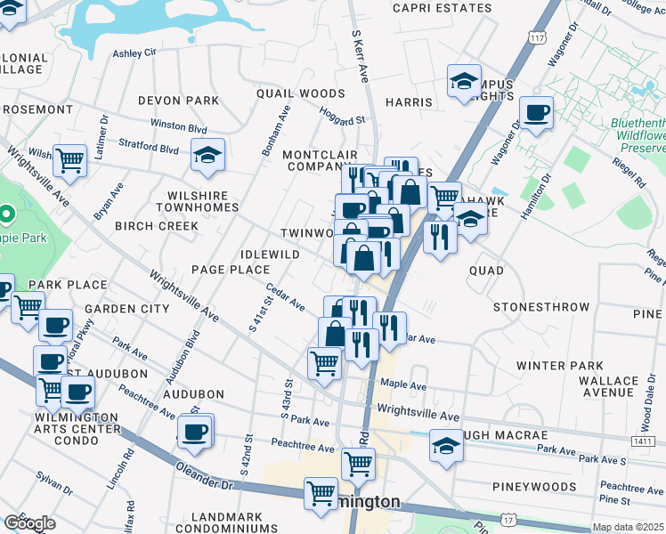 map of restaurants, bars, coffee shops, grocery stores, and more near 4240 Wilshire Boulevard in Wilmington