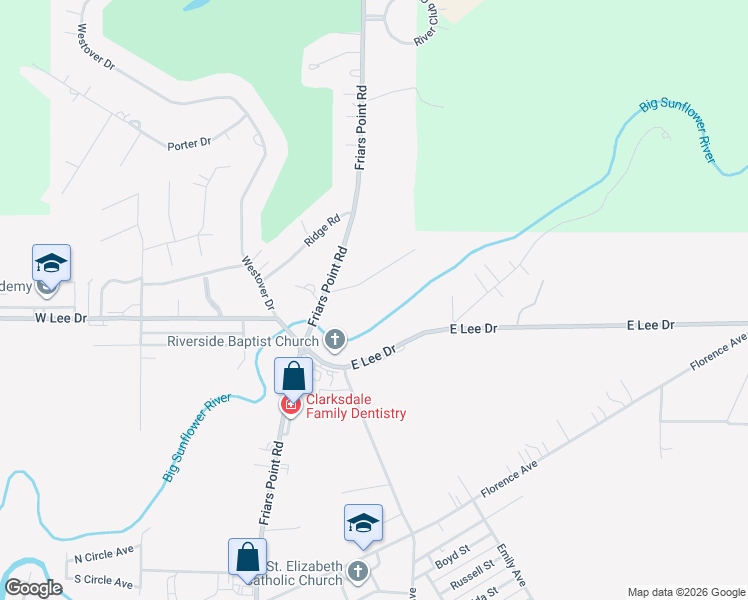 map of restaurants, bars, coffee shops, grocery stores, and more near 124 Ridgecrest Lane in Clarksdale