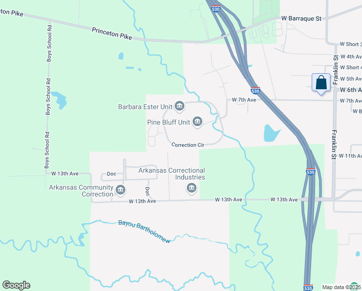 map of restaurants, bars, coffee shops, grocery stores, and more near 8000 Correction Circle in Pine Bluff