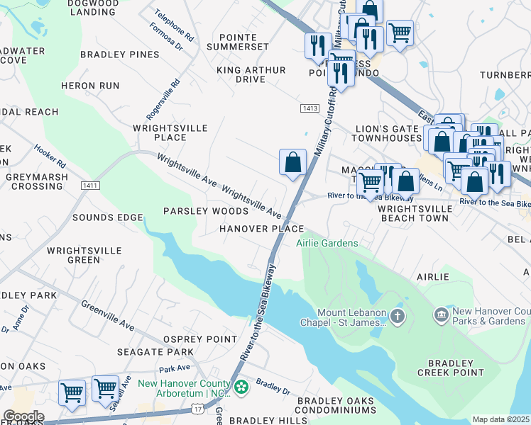 map of restaurants, bars, coffee shops, grocery stores, and more near 5012 Barefoot Drive in Wilmington
