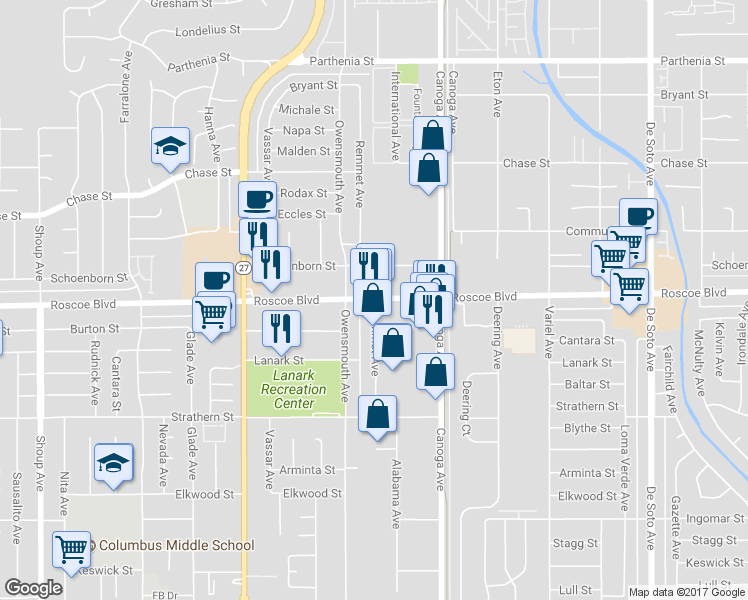 map of restaurants, bars, coffee shops, grocery stores, and more near 21604 Roscoe Boulevard in Los Angeles