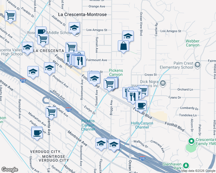 map of restaurants, bars, coffee shops, grocery stores, and more near in La Crescenta-Montrose