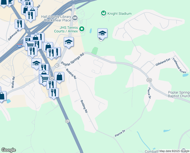 map of restaurants, bars, coffee shops, grocery stores, and more near 3567 Browning Drive in Flowery Branch