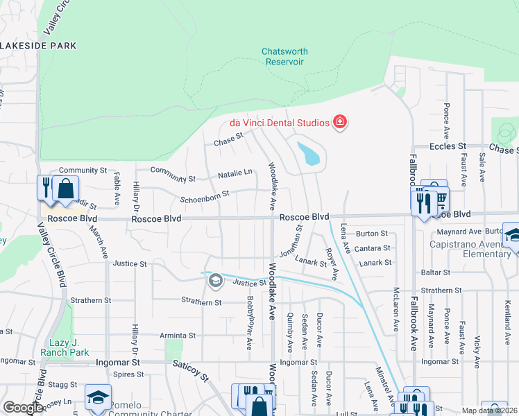 map of restaurants, bars, coffee shops, grocery stores, and more near 8310 Natalie Lane in Los Angeles